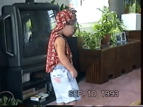 Young white boy dancing to 'I Missed The Bus' by Kris Kross in 1993 dressed in a hand made Maryland Terrapins vest and matching backwards cap.