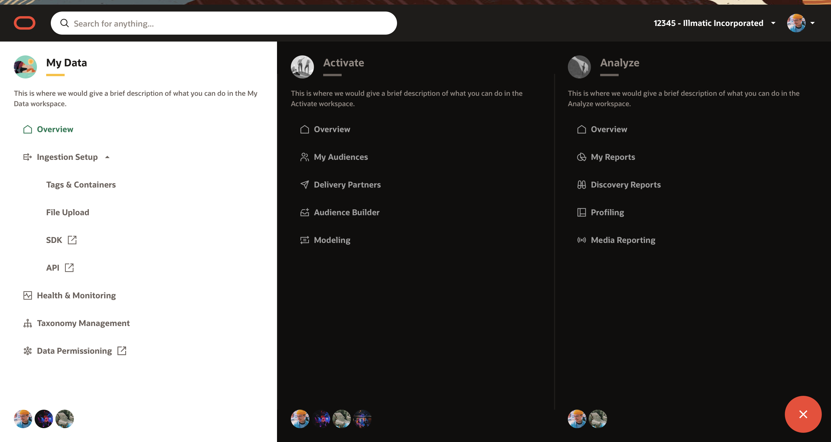 A software interface showing navigation links to different pages within three separate sections.