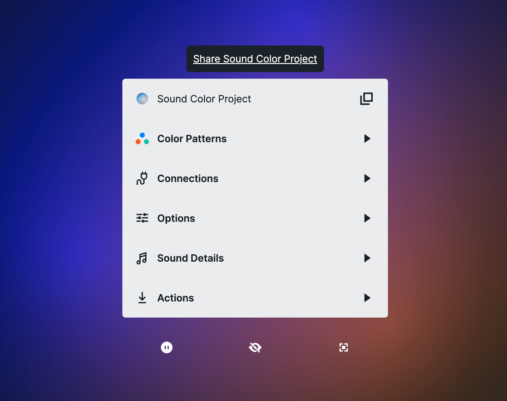 A software interface with a menu showing different filters and options for a color visualizer.