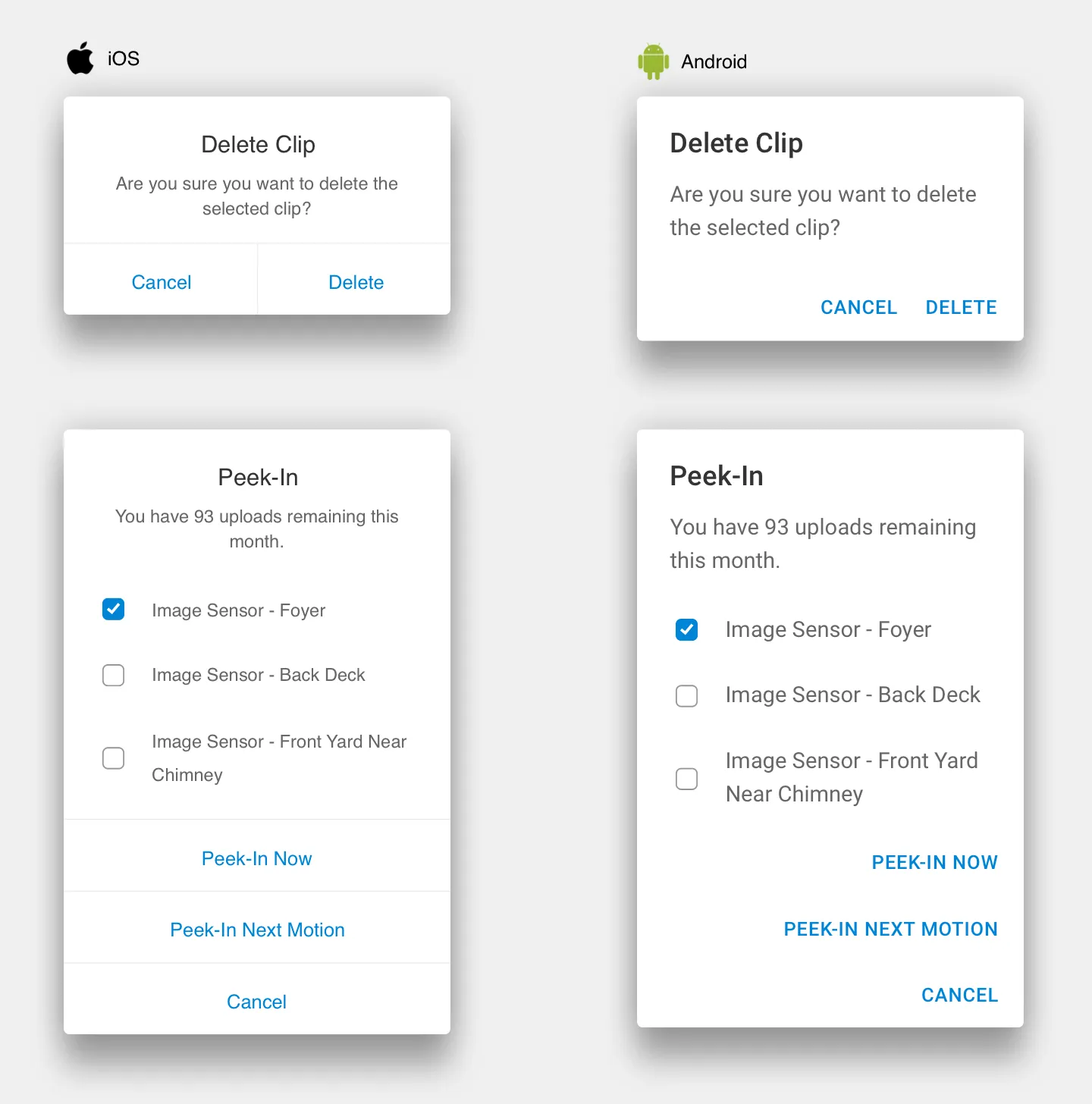 Two examples of mobile software interface dialogs for both Apple and Android operating systems.