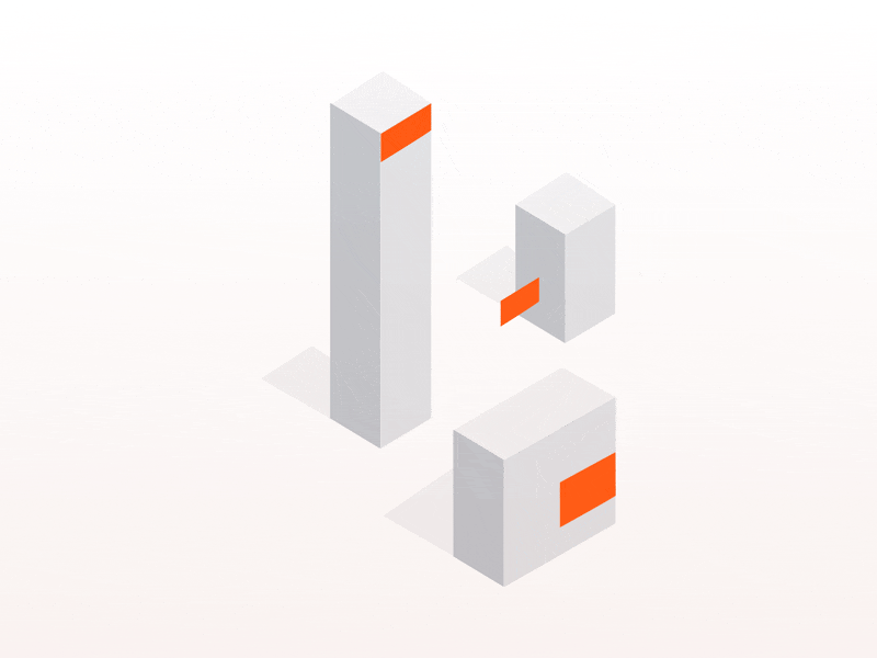 Three building shapes which appear from the ground and portray signs.