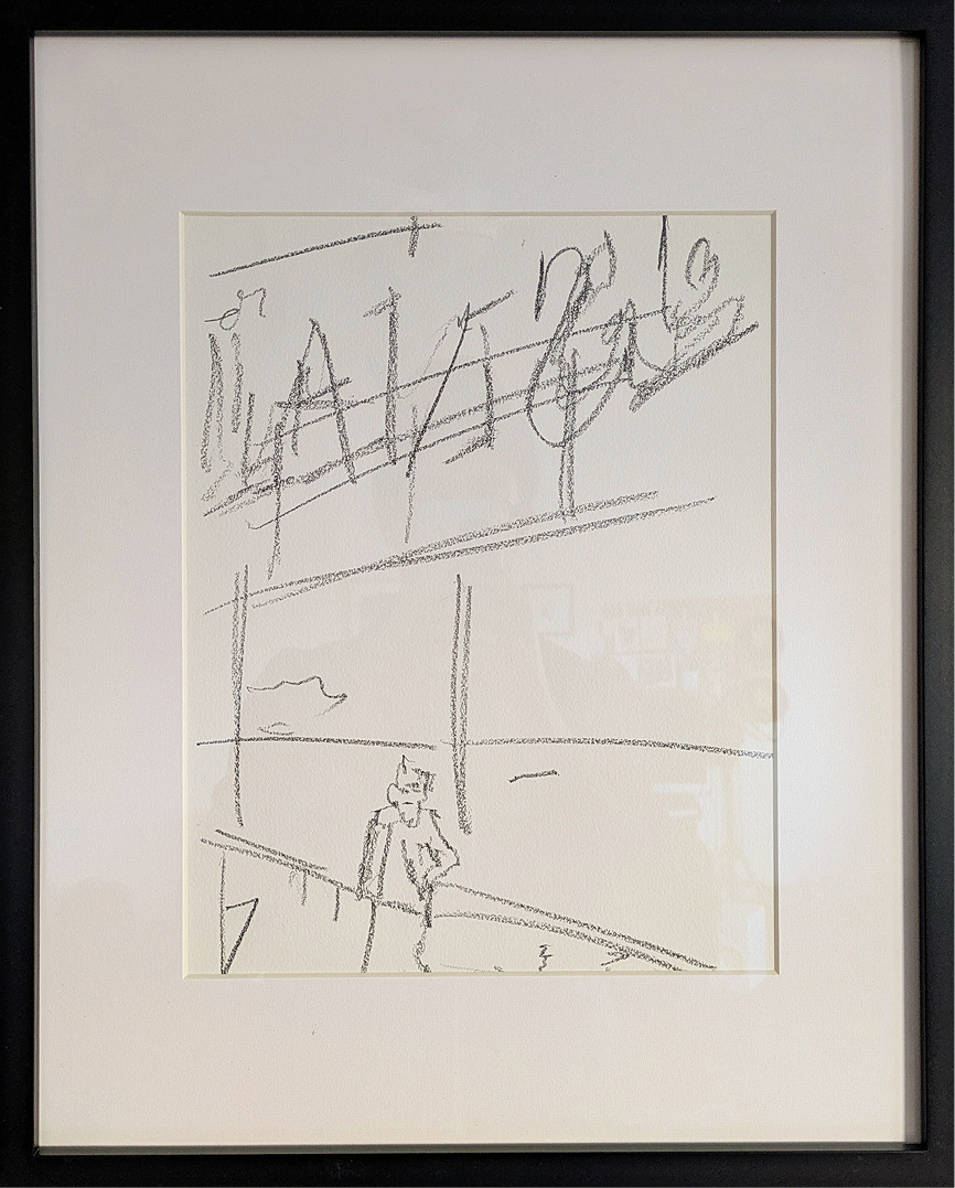 Abstract gestural drawing of a person with a sign