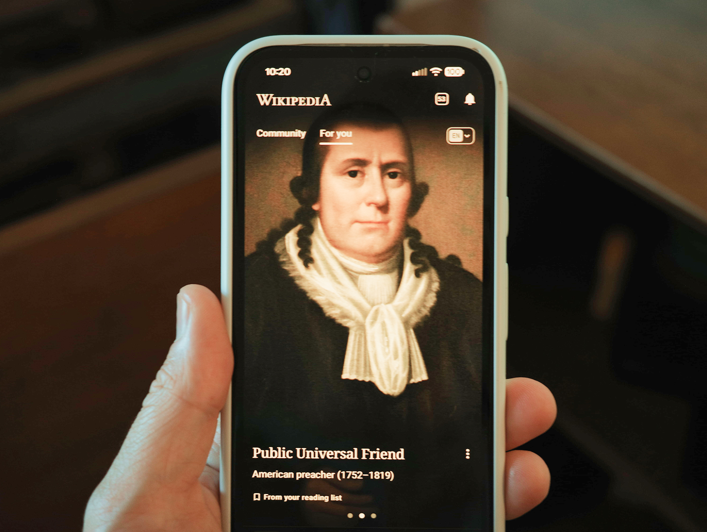 Photograph of the explore feed on the Wikipedia app
